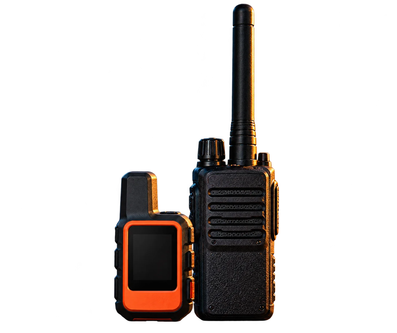Realistic illustrative black field radio and orange satellite device
