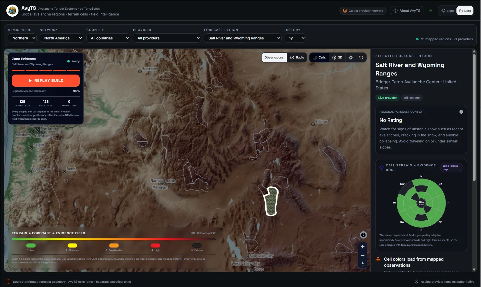 AvyTS regional terrain demo showing mapped avalanche regions, a selected Wyoming forecast area, terrain cells, and evidence controls