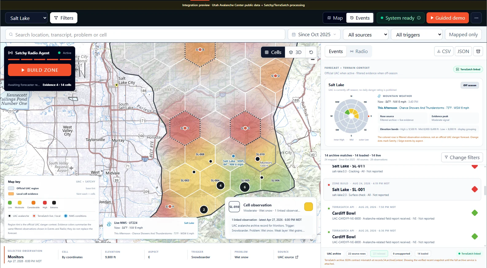 TerraListen Salt Lake demo showing a selected cell observation, mapped evidence, terrain context, and source-linked event records